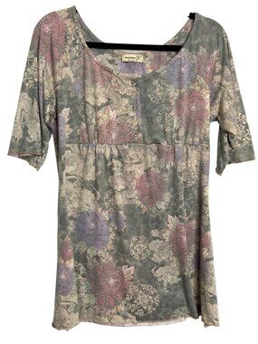 Y2K One World Top Womens Size S Floral Boho Tunic Multicolor Rayon 3/4 Sleeve Bu